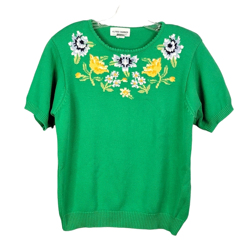 Alfred Dinner Vintage 80's Green Floral Embroidered Sjort Sleeve Sweater M